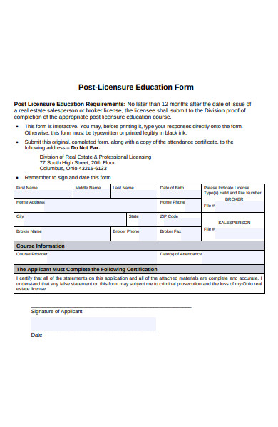 post licensure education form