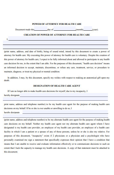 power of attorney healthcare form
