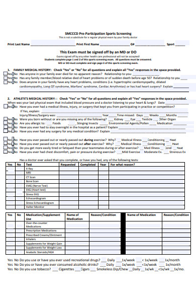 pre participation sports screening form