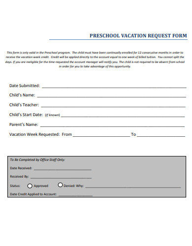 pre school vacation request form
