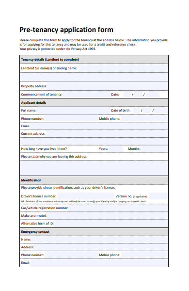pre tenancy application form sample