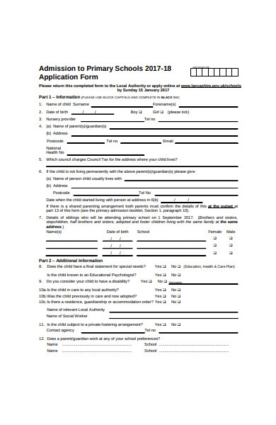 primary school student application form
