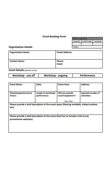 printable event booking form