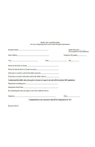 prize and award form
