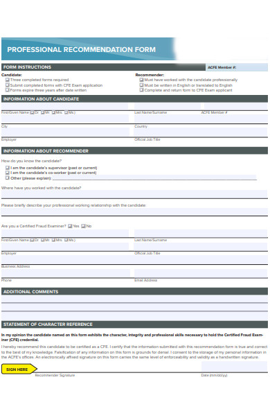 professional recommendation form