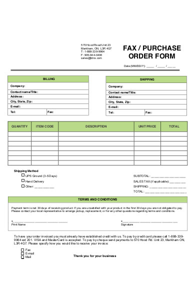 purchase order form sample