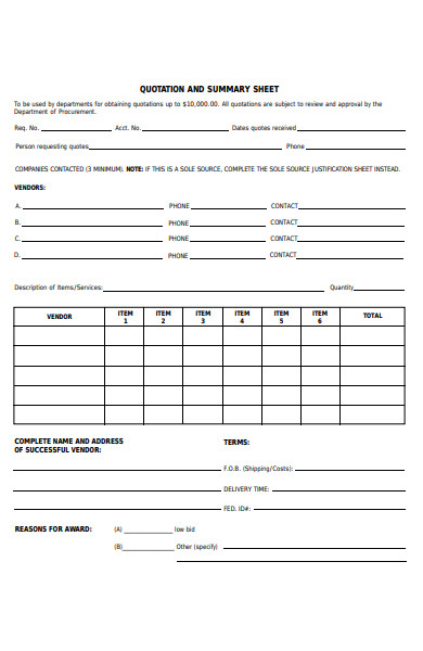 quotation and summary sheet form