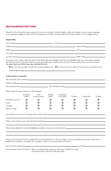 recommendation data form