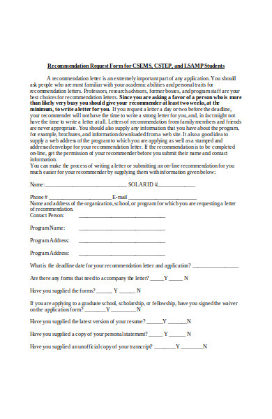 recommendation letter form