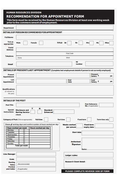 recommendation for appointment form