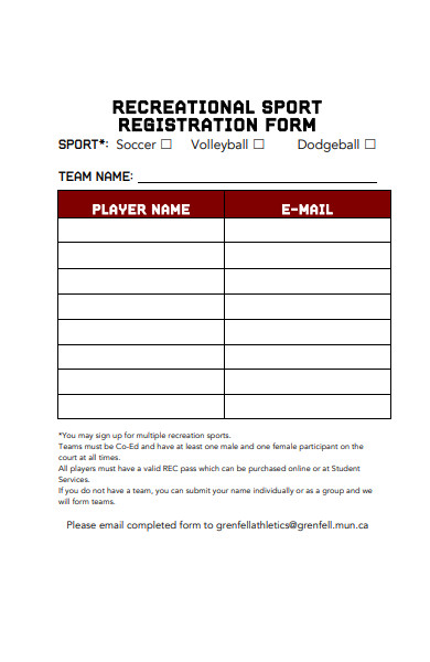 recreational sports registration form