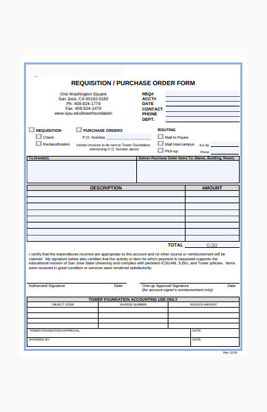 requisition or purchase order form