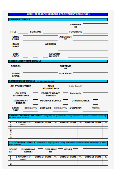 research student appointment form