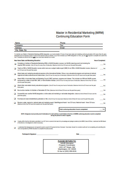 residential marketing continuing education form