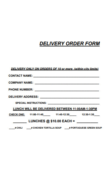 restaurant delivery order form