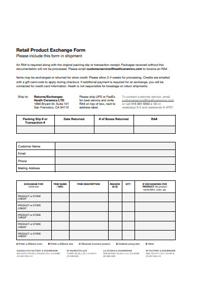 retail product exchange form