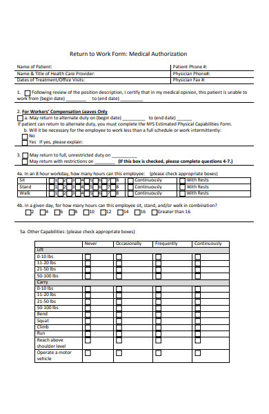 return to work medical authorization form