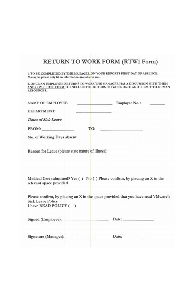 return to work policy form