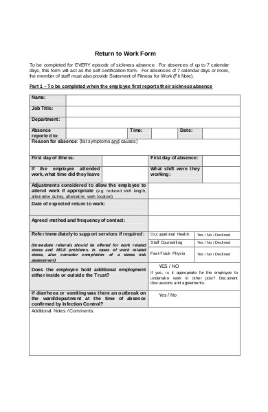 return to work sickness absence form