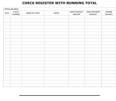 running total printable check register form