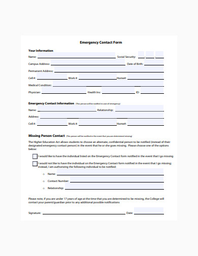 sample emergency contact form