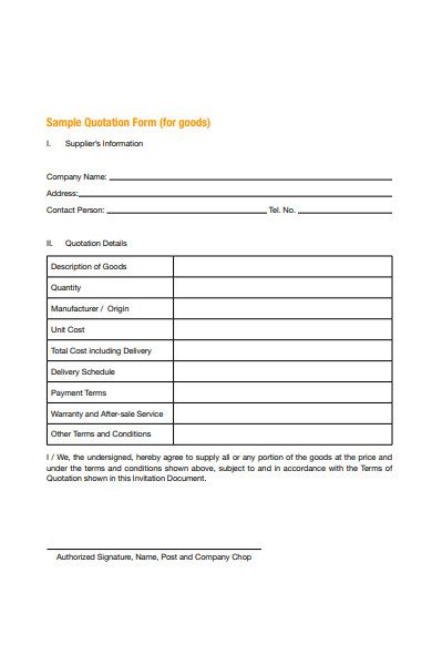 sample goods quotation form