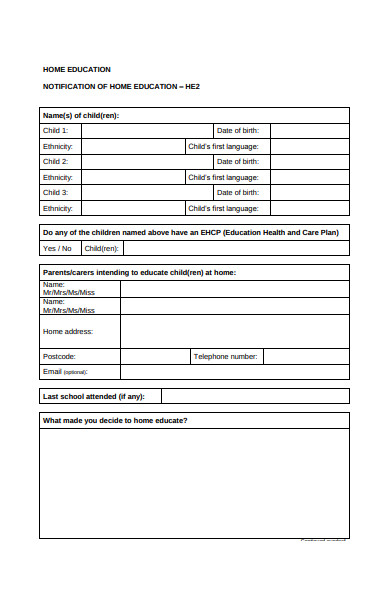 sample home education form