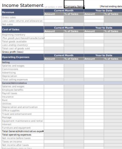 sample income statement spreadsheet template