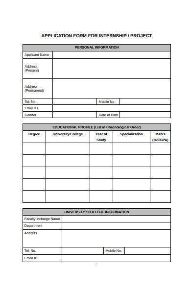 sample project internship application form