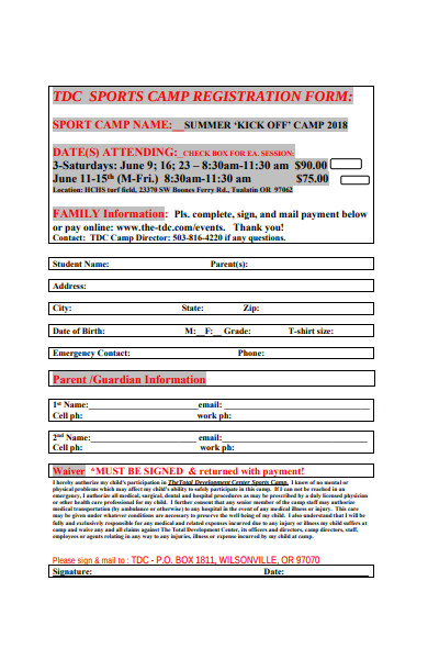 sample sports camp registration form