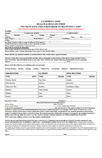 sports camp health release form