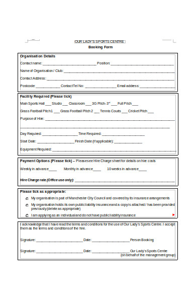 sports center booking form