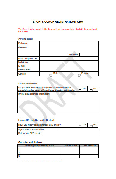 sports coaches registration form