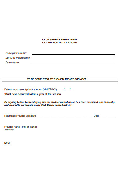 sports participant clearance to play form