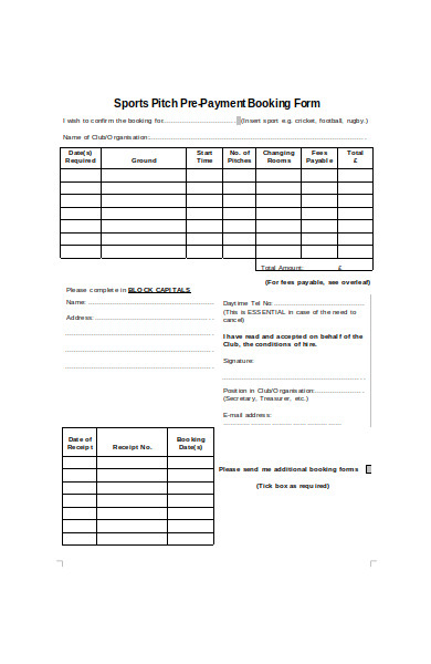 sports pitch pre payment booking form