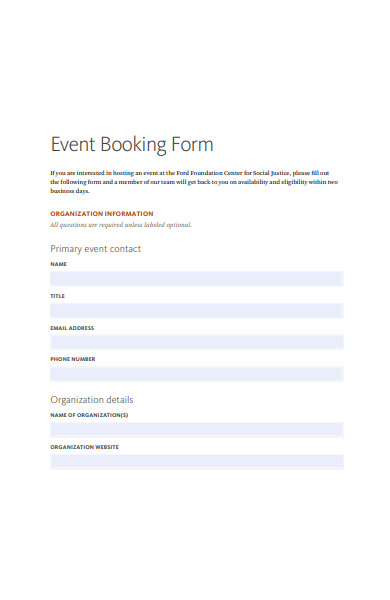 standard event booking form