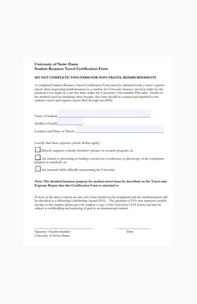 student business travel certification form