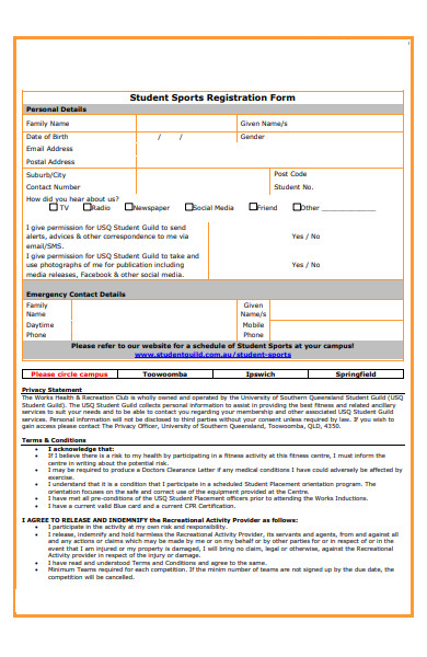 student sports registration form
