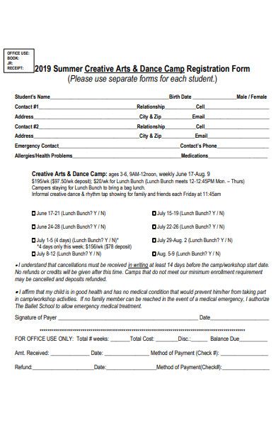 summer camp dance registration form