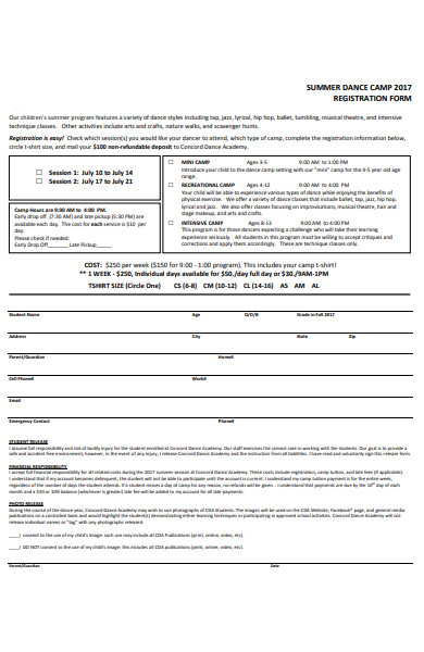 summer camp registration content form