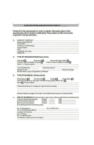 supplier profile registration form