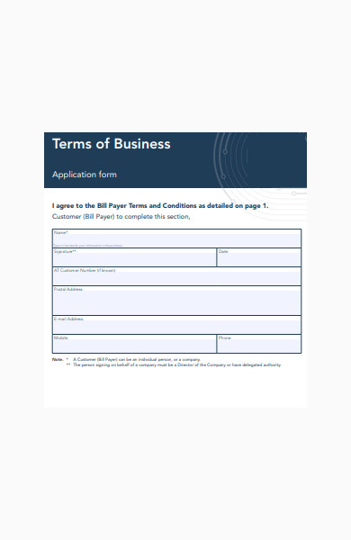 terms of business application form