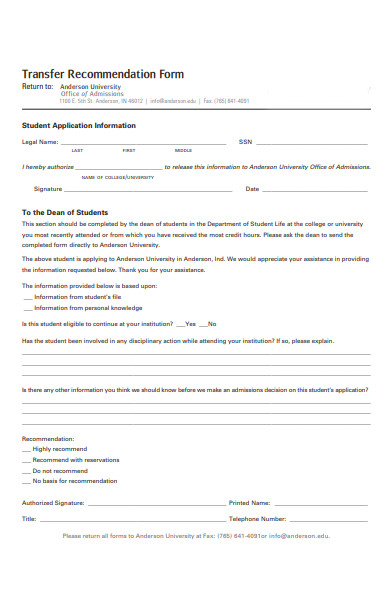 transfer recommendation form