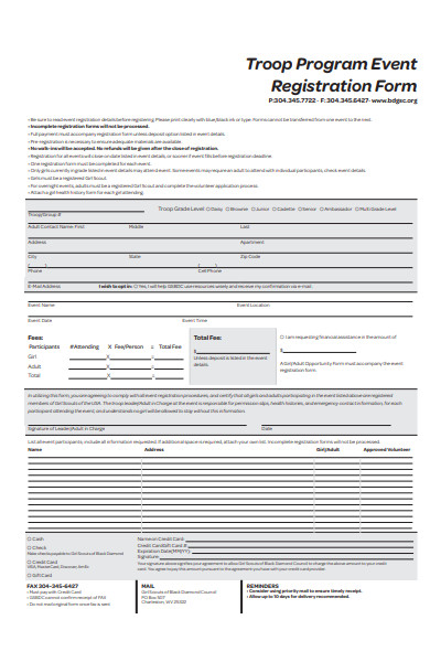 troop program event registration form