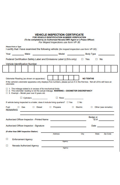 vehicle inspection certificate form