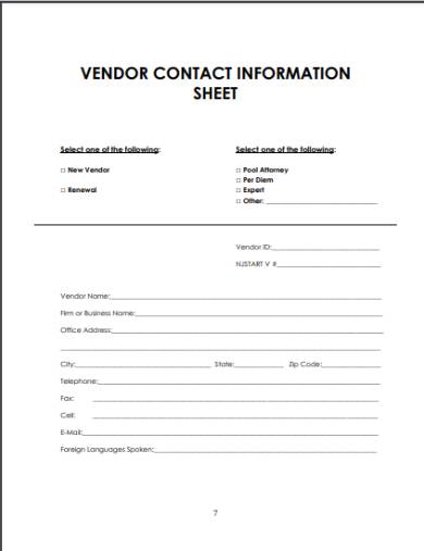 vendor contact information form sheet