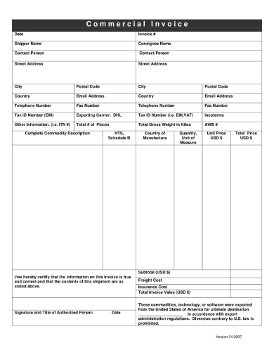 international commercial invoice template