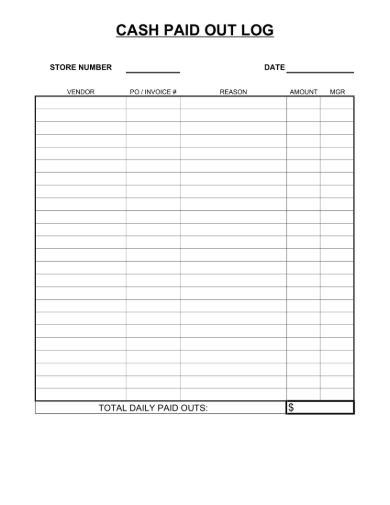 Daily Cash Log Sheet Printable