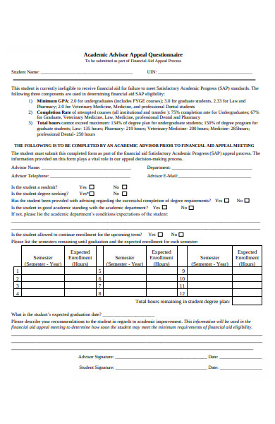 academic advisor appeal questionnaire form