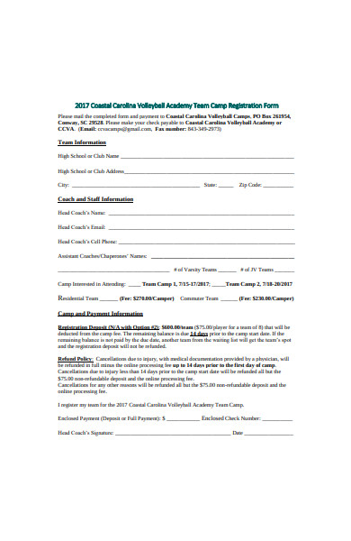 academy team camp registration form